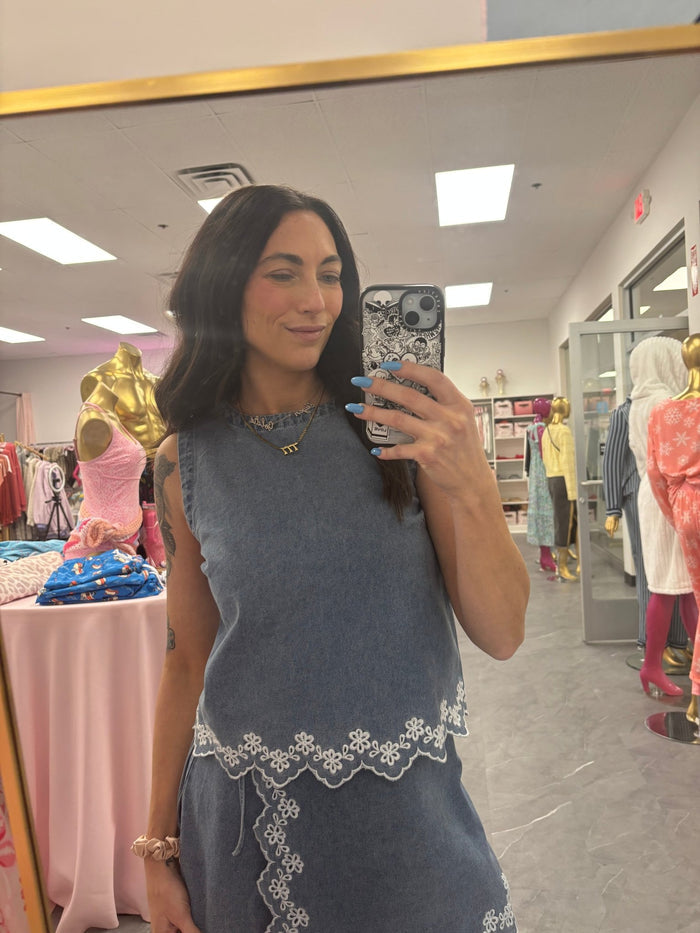 Floral Embroidered Denim Top - Intimate Whispers
