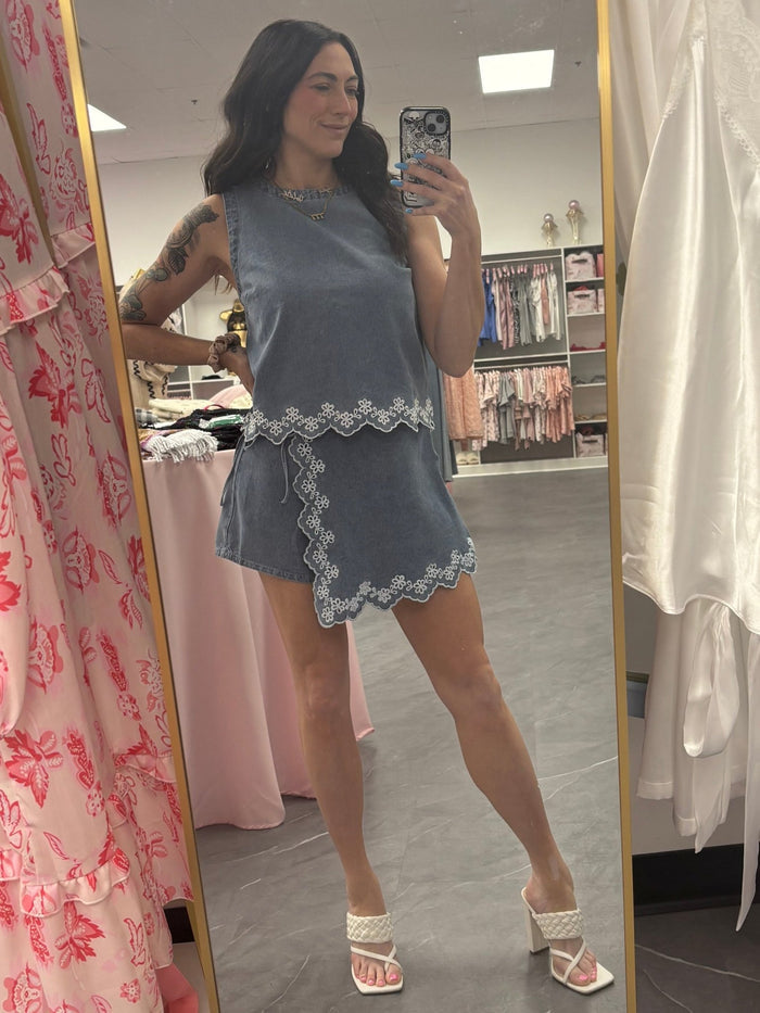 Floral Embroidered Denim Top - Intimate Whispers