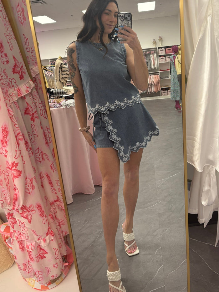 Floral Embroidered Denim Top - Intimate Whispers