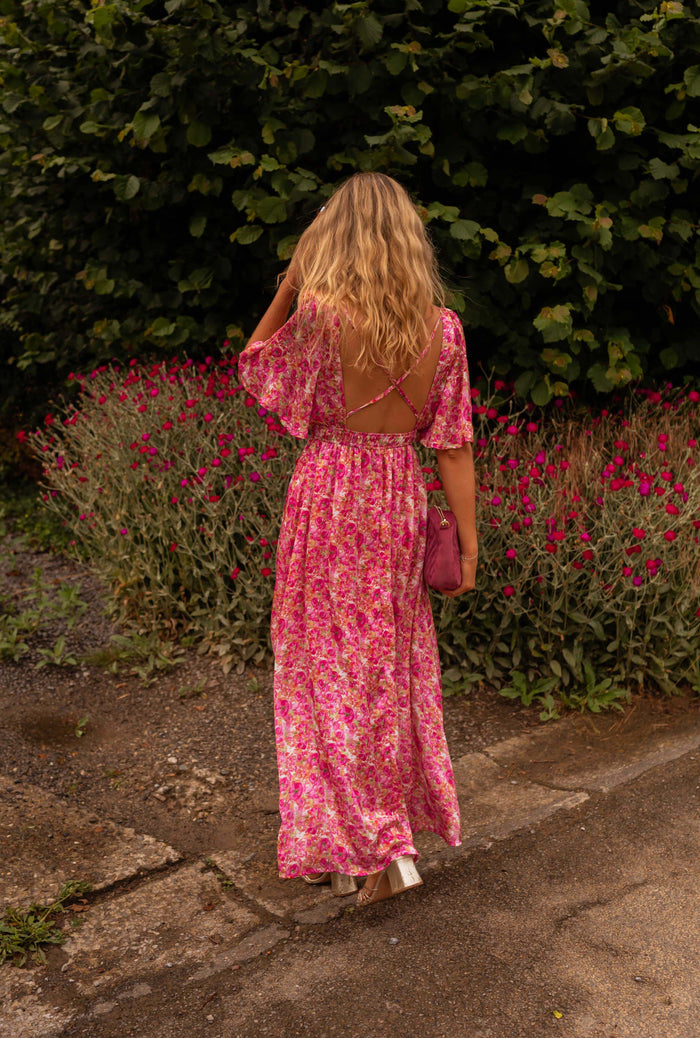 Floral Pink Daphne dress flutter sleeve detail