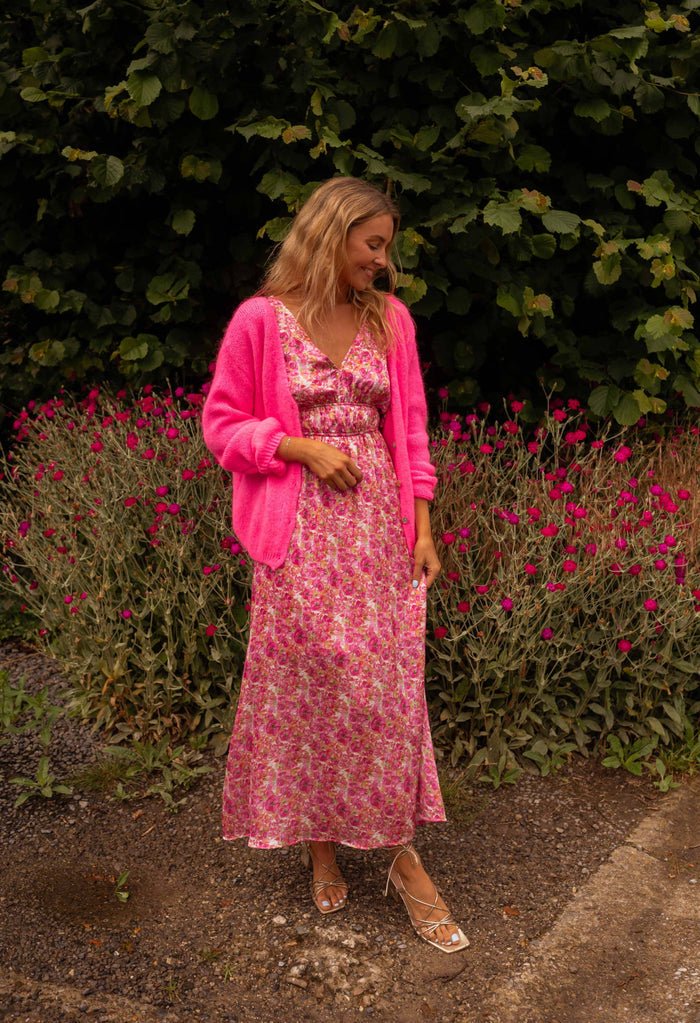 Pink floral maxi dress, three quarter view