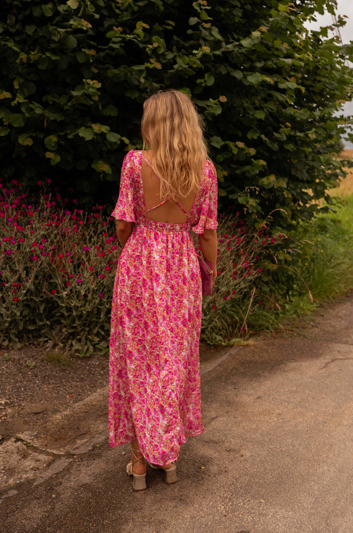 Pink floral Daphne maxi dress, full length styling