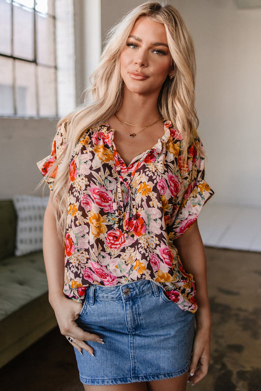Pink Floral Print Crew Neck Short Sleeve Shift Blouse - S / 100% Polyester - Tops/Blouses & Shirts