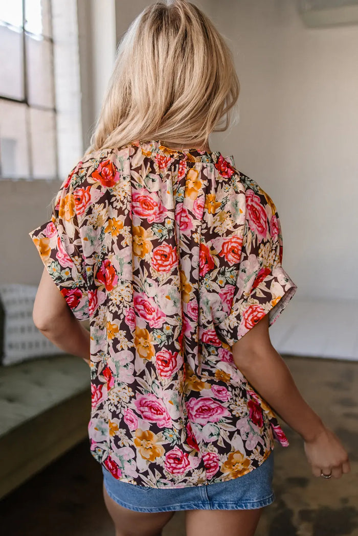 Pink Floral Print Crew Neck Short Sleeve Shift Blouse - Tops/Blouses & Shirts