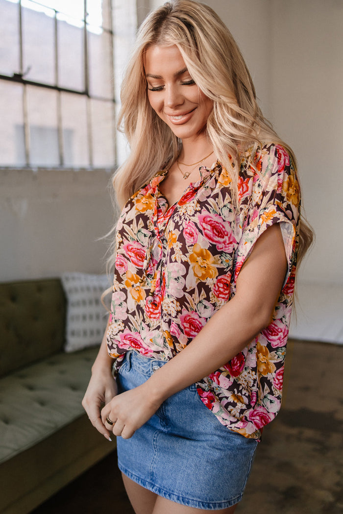 Pink Floral Print Crew Neck Short Sleeve Shift Blouse - Tops/Blouses & Shirts