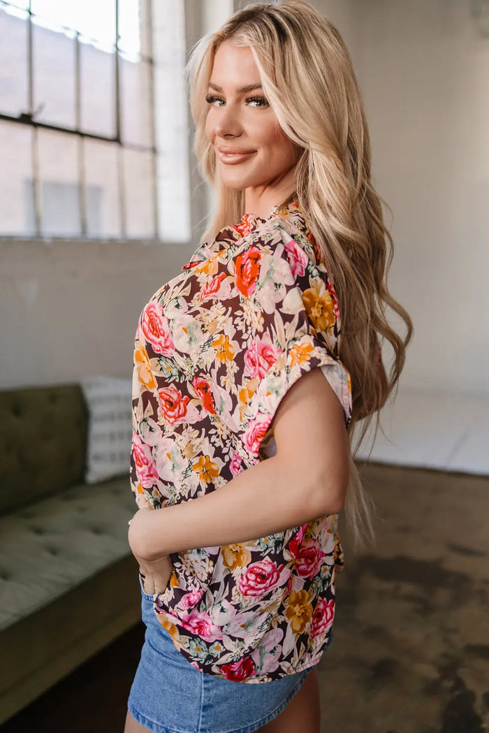 Pink Floral Print Crew Neck Short Sleeve Shift Blouse - Tops/Blouses & Shirts