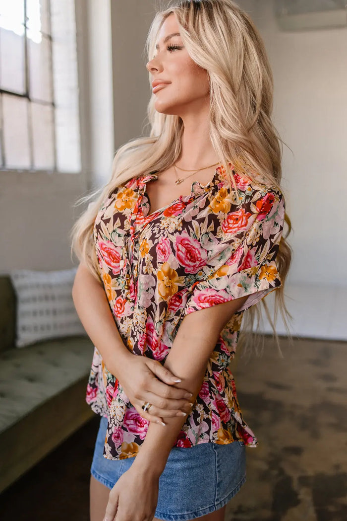 Pink Floral Print Crew Neck Short Sleeve Shift Blouse - Tops/Blouses & Shirts
