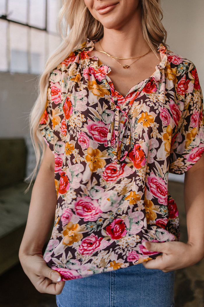 Pink Floral Print Crew Neck Short Sleeve Shift Blouse - Tops/Blouses & Shirts