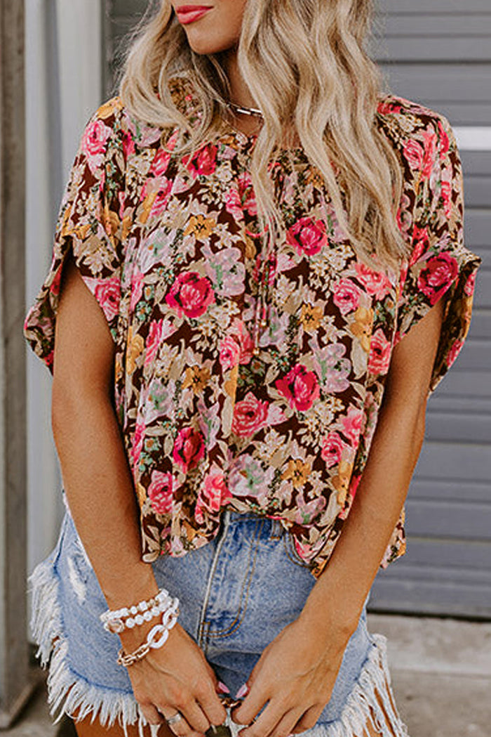Pink Floral Print Crew Neck Short Sleeve Shift Blouse - Tops/Blouses & Shirts