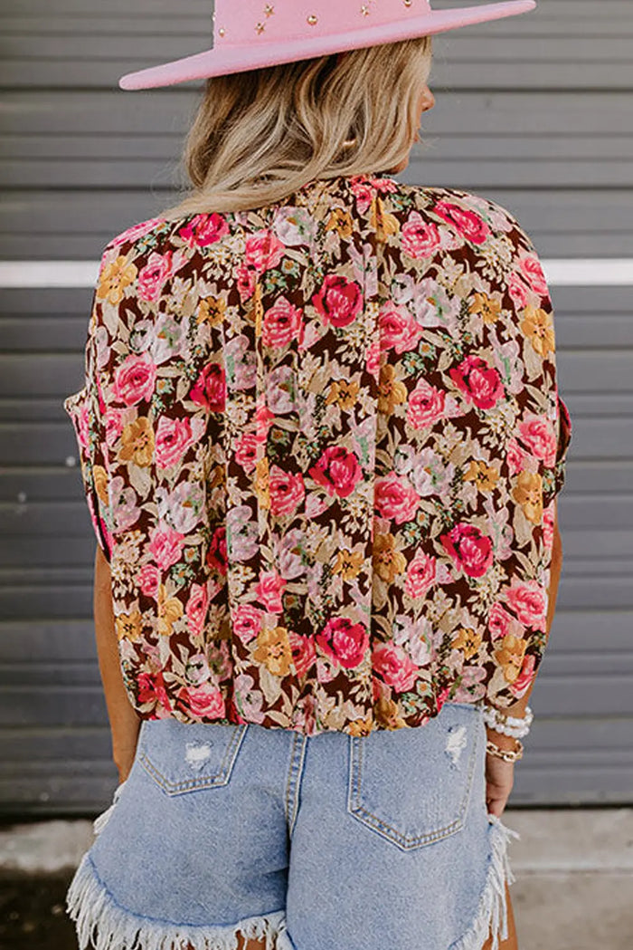 Pink Floral Print Crew Neck Short Sleeve Shift Blouse - Tops/Blouses & Shirts