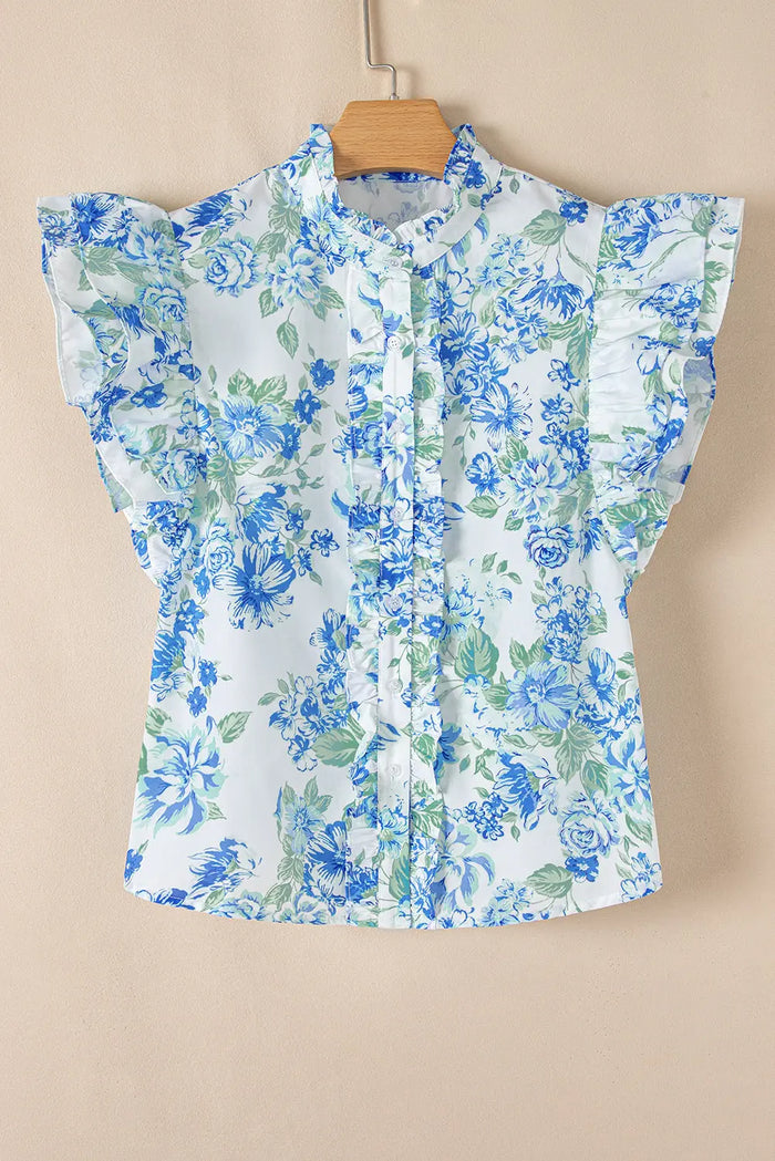 Sky Blue Floral Print Ruffle Sleeve Frilly Button Up Shirt - Tops/Blouses & Shirts