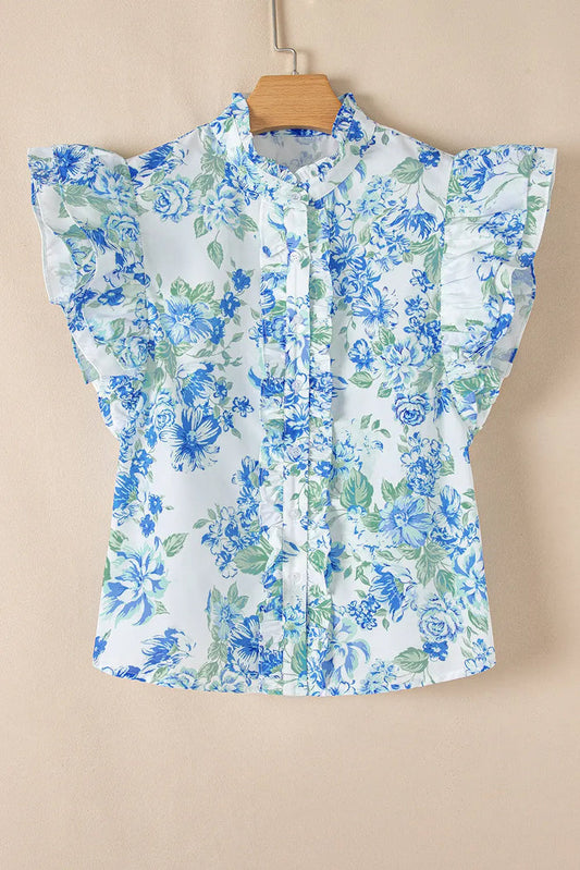 Sky Blue Floral Print Ruffle Sleeve Frilly Button Up Shirt - Tops/Blouses & Shirts