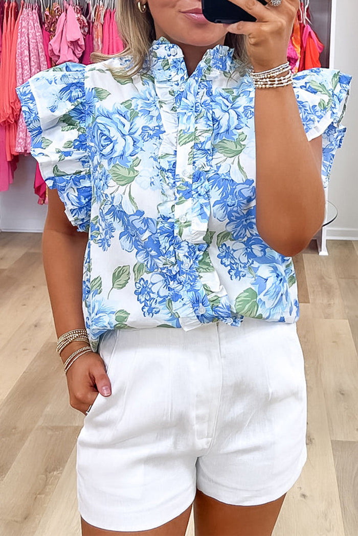 Sky Blue Floral Print Ruffle Sleeve Frilly Button Up Shirt - S / 100% Polyester - Tops/Blouses & Shirts
