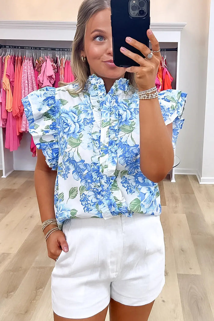 Sky Blue Floral Print Ruffle Sleeve Frilly Button Up Shirt - Tops/Blouses & Shirts