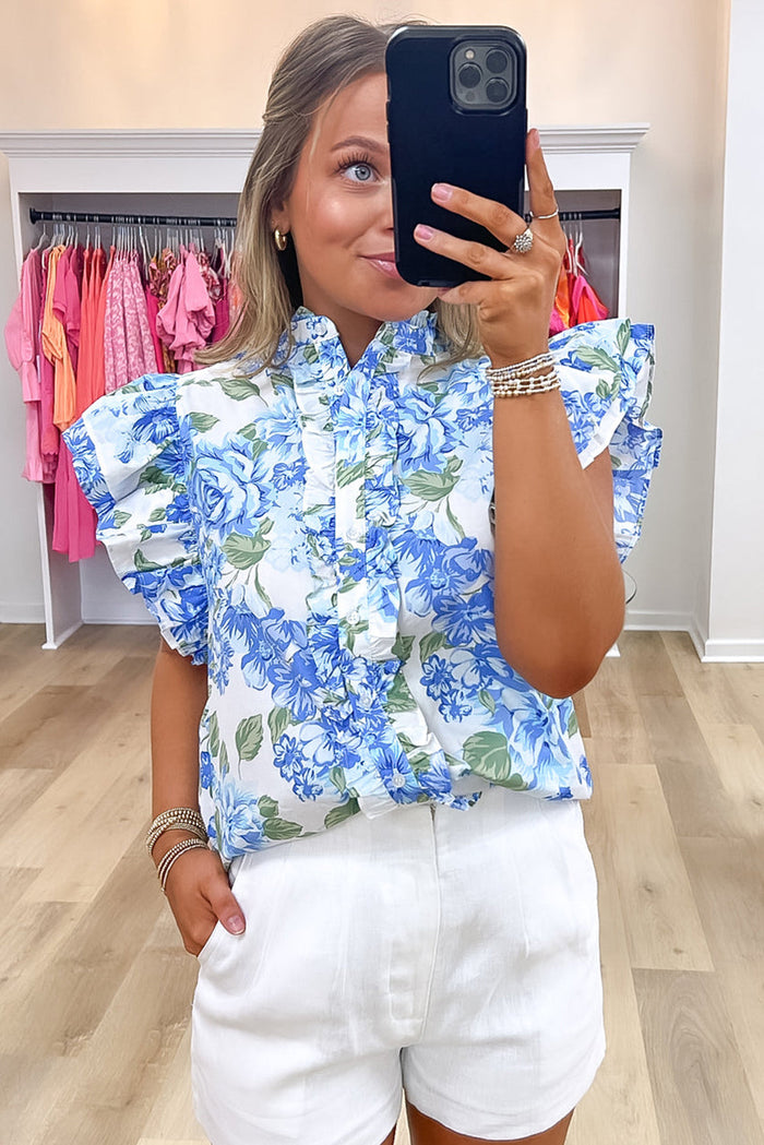 Sky Blue Floral Print Ruffle Sleeve Frilly Button Up Shirt - Tops/Blouses & Shirts