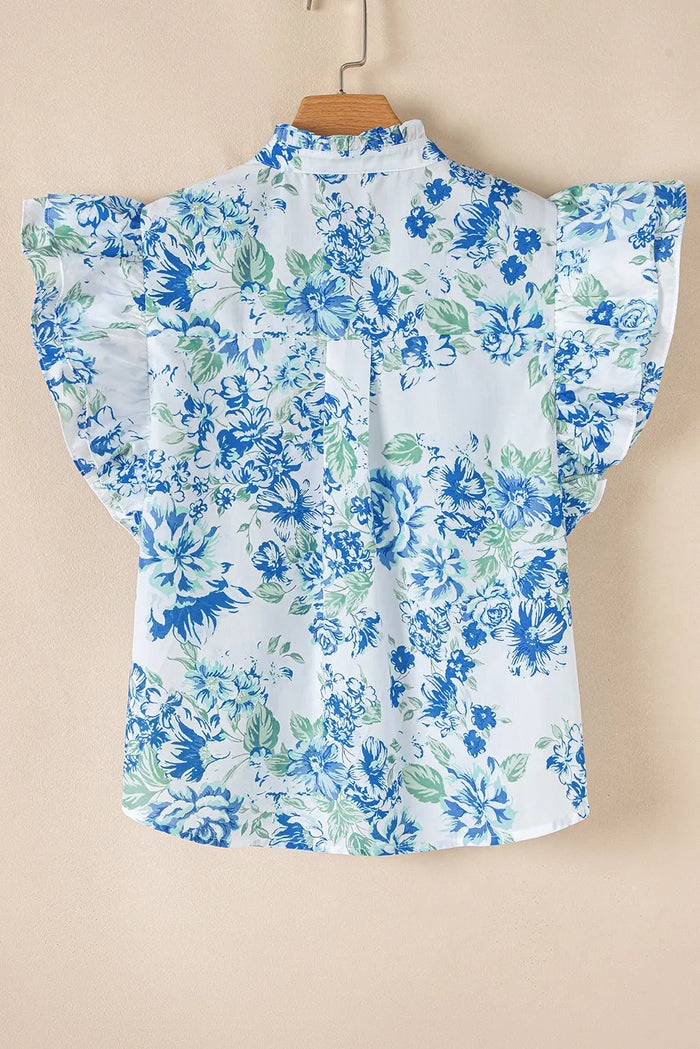 Sky Blue Floral Print Ruffle Sleeve Frilly Button Up Shirt - Tops/Blouses & Shirts