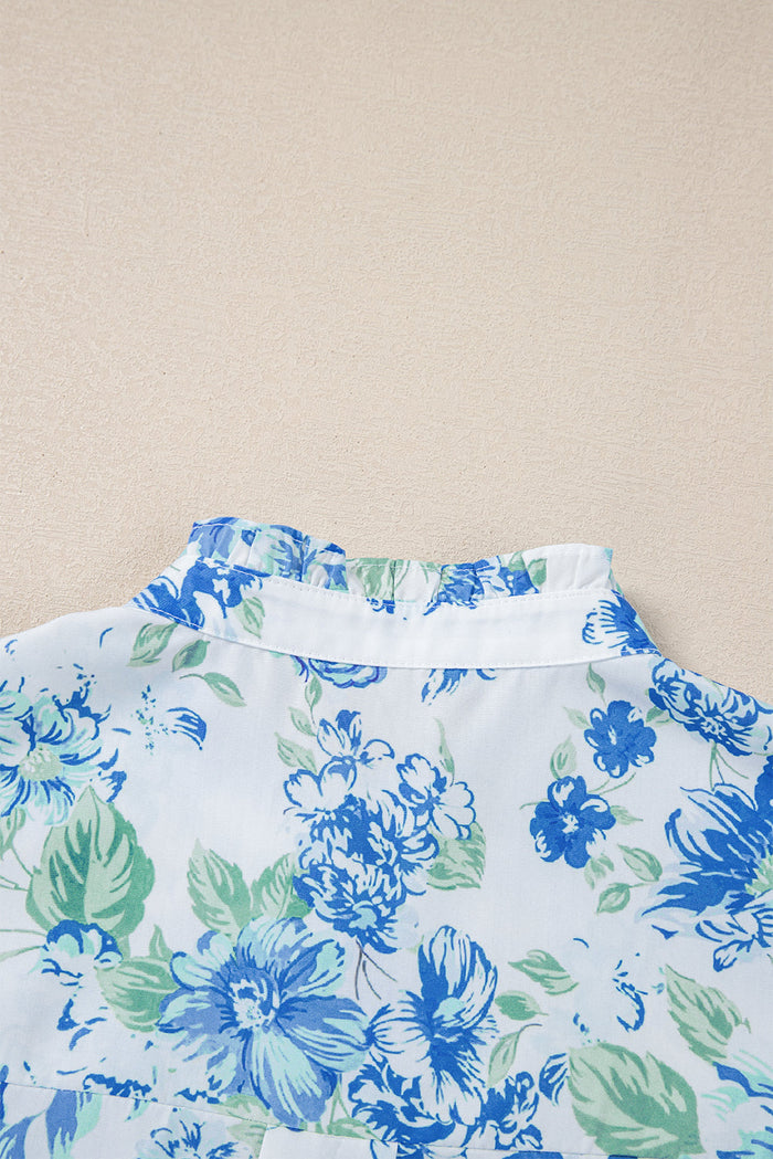 Sky Blue Floral Print Ruffle Sleeve Frilly Button Up Shirt - Tops/Blouses & Shirts