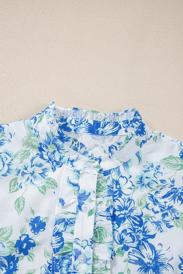 Sky Blue Floral Print Ruffle Sleeve Frilly Button Up Shirt - Tops/Blouses & Shirts