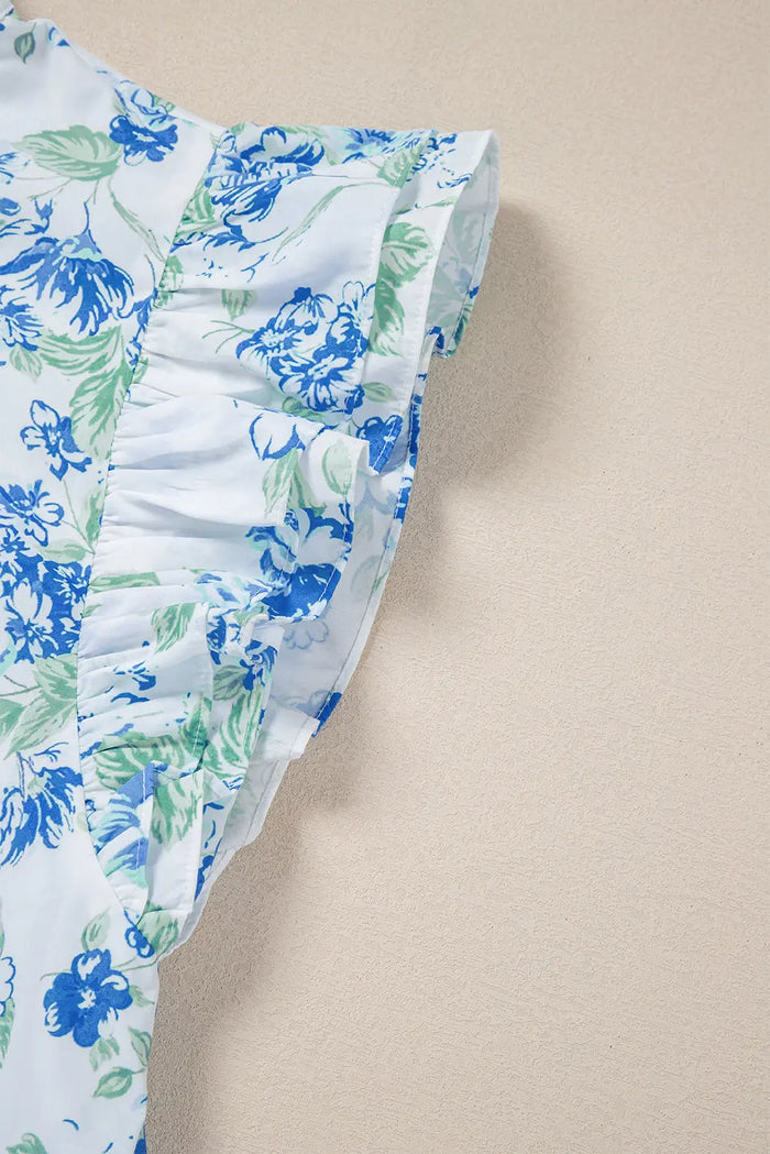 Sky Blue Floral Print Ruffle Sleeve Frilly Button Up Shirt - Tops/Blouses & Shirts