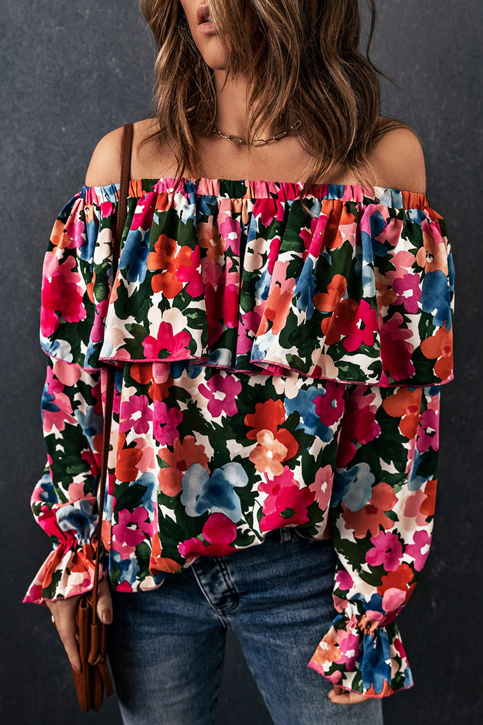 Floral Print Ruffled Off Shoulder Blouse - MULTICOLOR / S / 100% POLYESTER - Tops/Blouses & Shirts