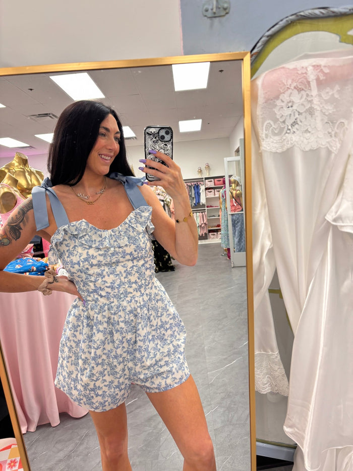 Floral Romper with Bow Straps - Blue - Intimate Whispers