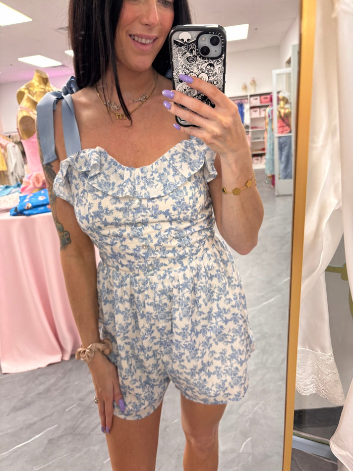Floral Romper with Bow Straps - Blue - Intimate Whispers