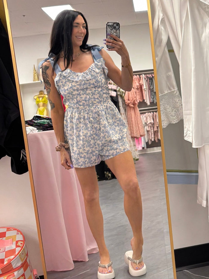 Floral Romper with Bow Straps - Blue - Intimate Whispers