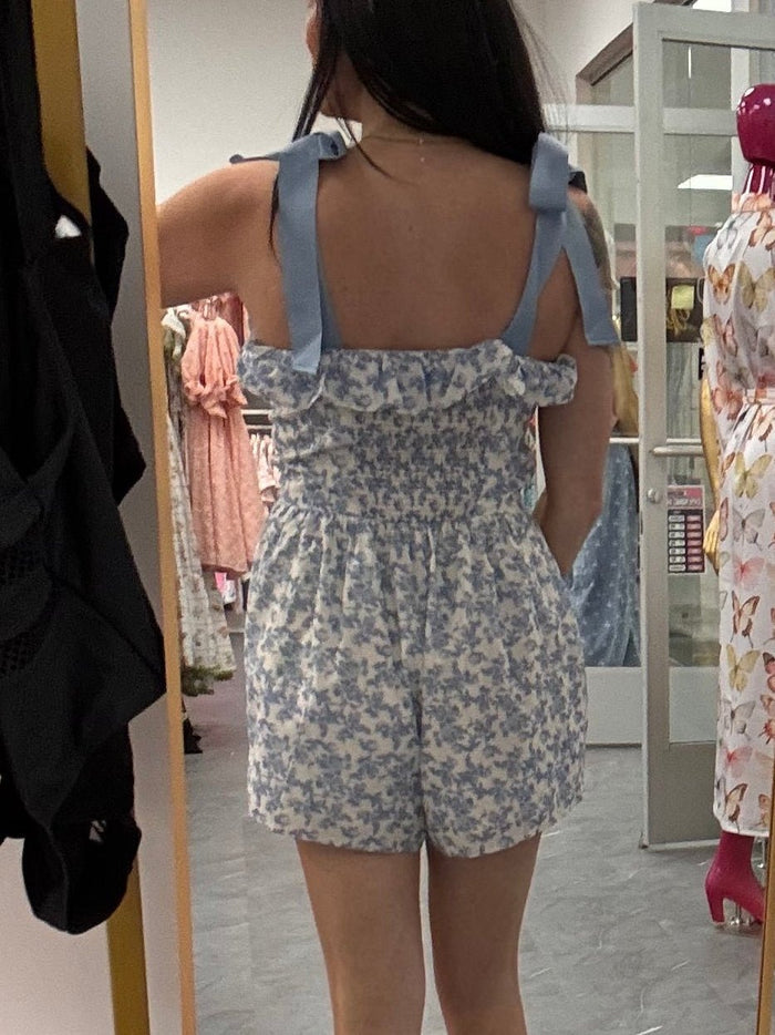 Floral Romper with Bow Straps - Blue - Intimate Whispers