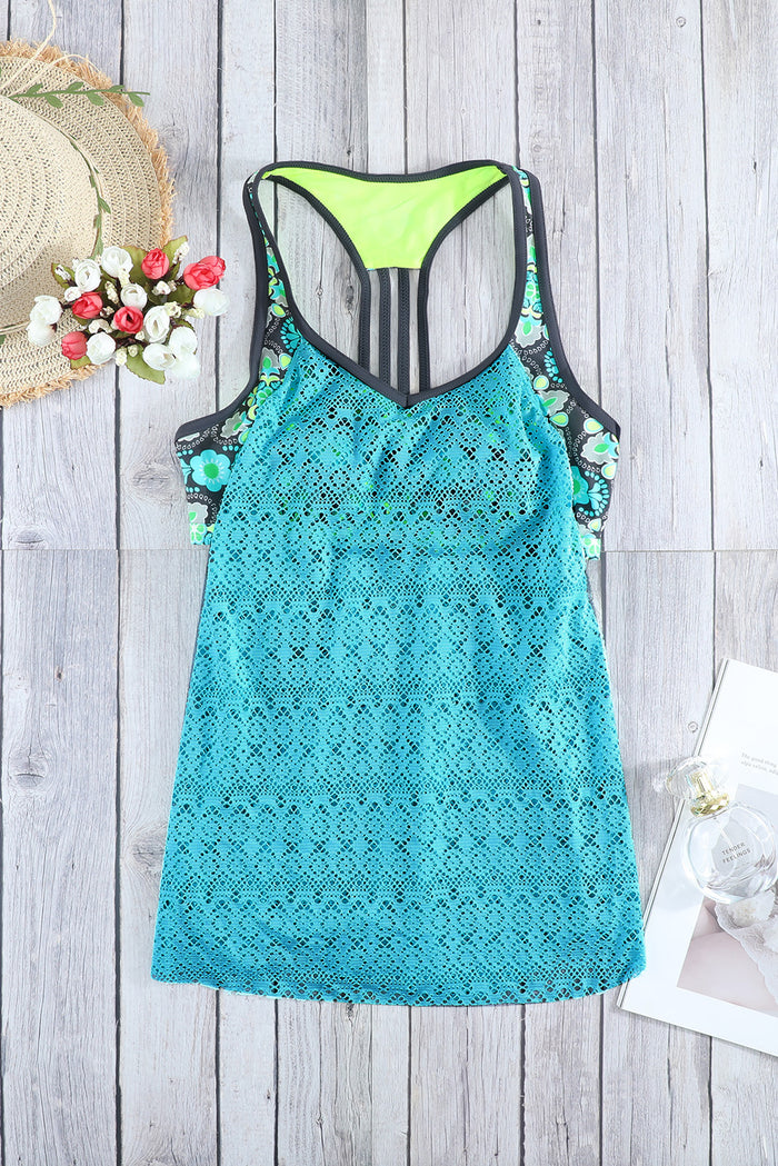 Floral Spliced Lace Tankini Top Trendsi