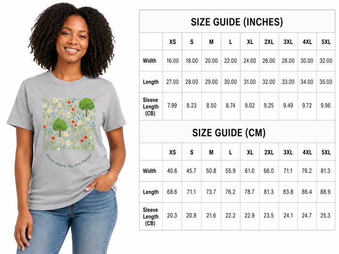 A woman wearing a light gray graphic T-shirt stands beside a size guide chart showing measurements in inches and centimeters for shirt sizes XS through 5XL.