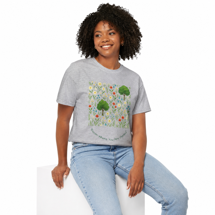 Unisex floral t shirt made from 100% ring-spun cotton with seamless construction, shoulder tape, and a relaxed casual outfit.