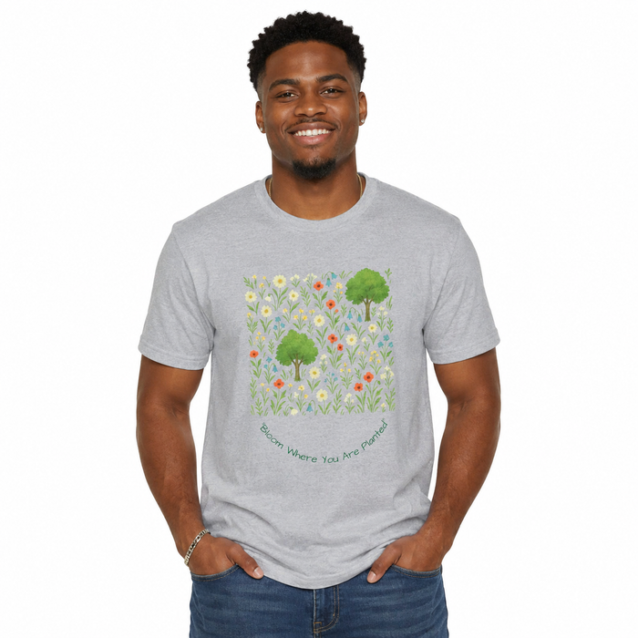 Nature-inspired floral t shirt with soft US cotton fabric, a shape-retaining ribbed collar, and clean, seamless construction.