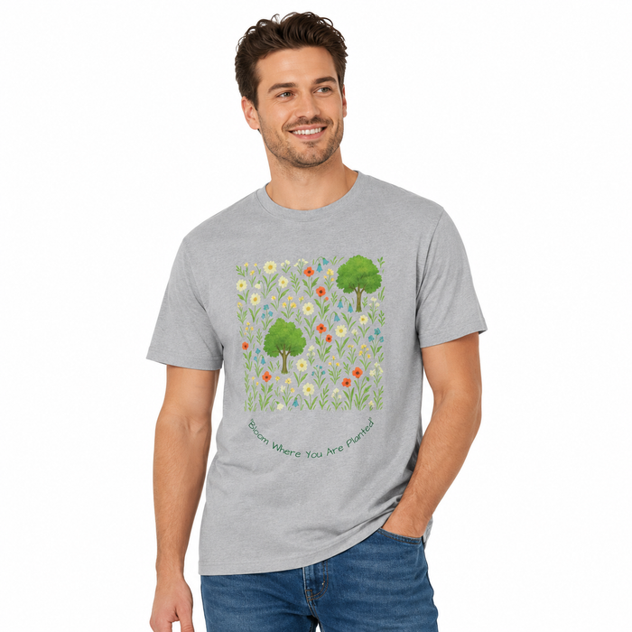 Unisex nature t shirt in lightweight ring-spun cotton with smooth, seamless construction and a delicate floral design accent.