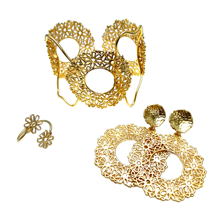 Style the Flower Brass Gold Bracelet & Earring Set exclusively at Born To Glam