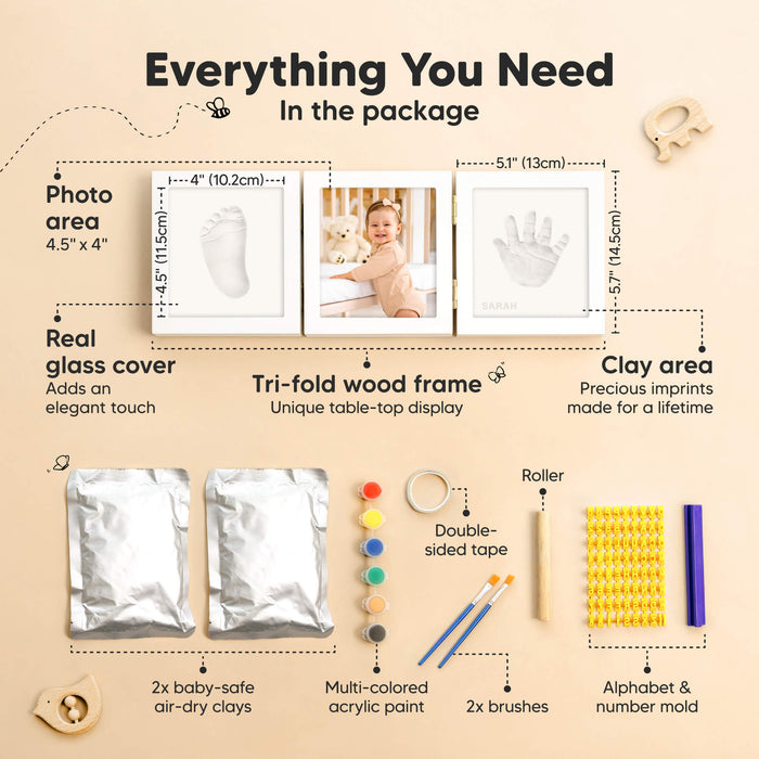Everything You Need: Photo area 4.5" x 4", Real glass cover, Tri-fold wood frame, Clay area, 2x baby-safe air-dry clays, Multi-colored acrylic paint, 2 brushes, Roller, Alphabet & number molds