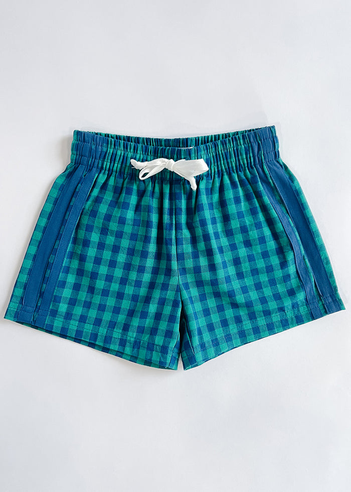 Gingham Drawstring Short - Blue & Teal