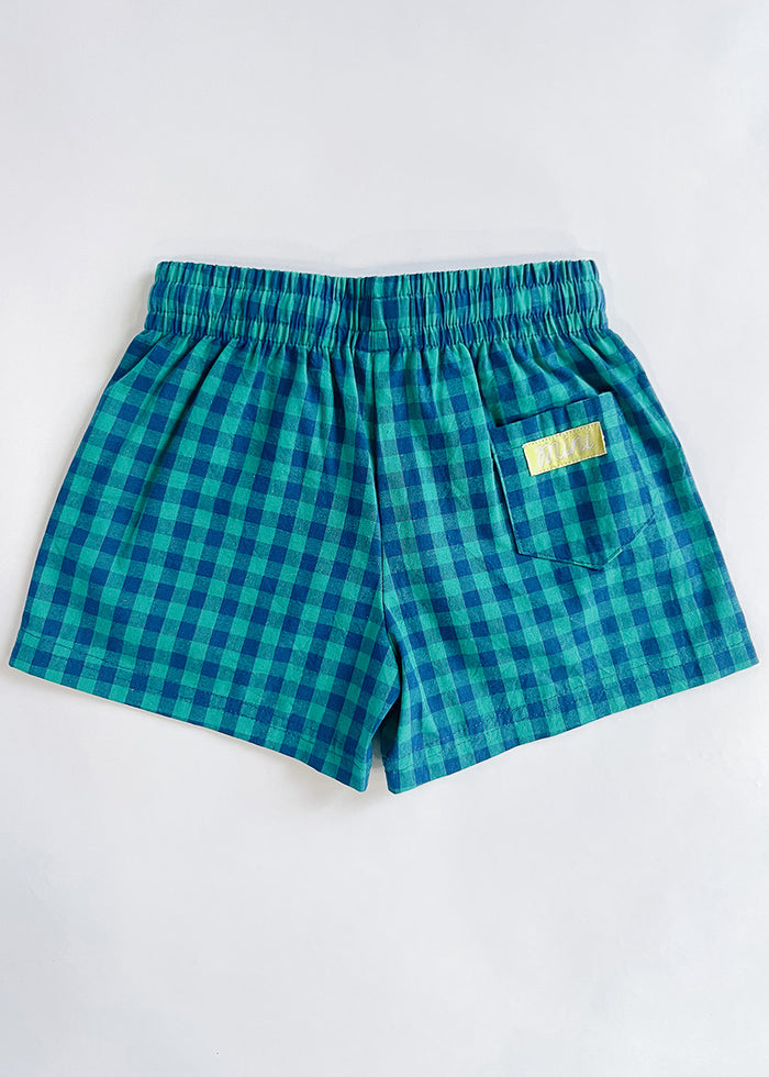 Gingham Drawstring Short - Blue & Teal