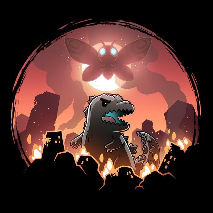 Classic Cotton T-shirt_TeeTurtle black Godzilla and Mothra Rampage apparel featuring Godzilla rampaging around a burning city with Mothra floating in the sky in front of a full moon.