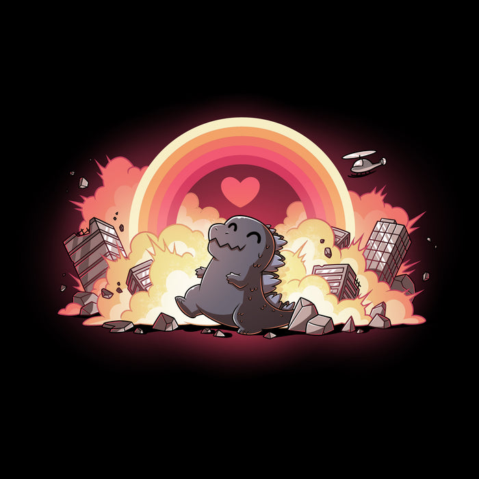 Premium Cotton T-shirt_TeeTurtle black Godzilla's Happy Place apparel featuring a happy Godzilla rampaging through collapsing and exploding buildings, with a rainbow that has a heart in the center in the sky.