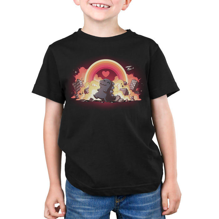 Premium Cotton T-shirt_TeeTurtle black Godzilla's Happy Place apparel featuring a happy Godzilla rampaging through collapsing and exploding buildings, with a rainbow that has a heart in the center in the sky.
