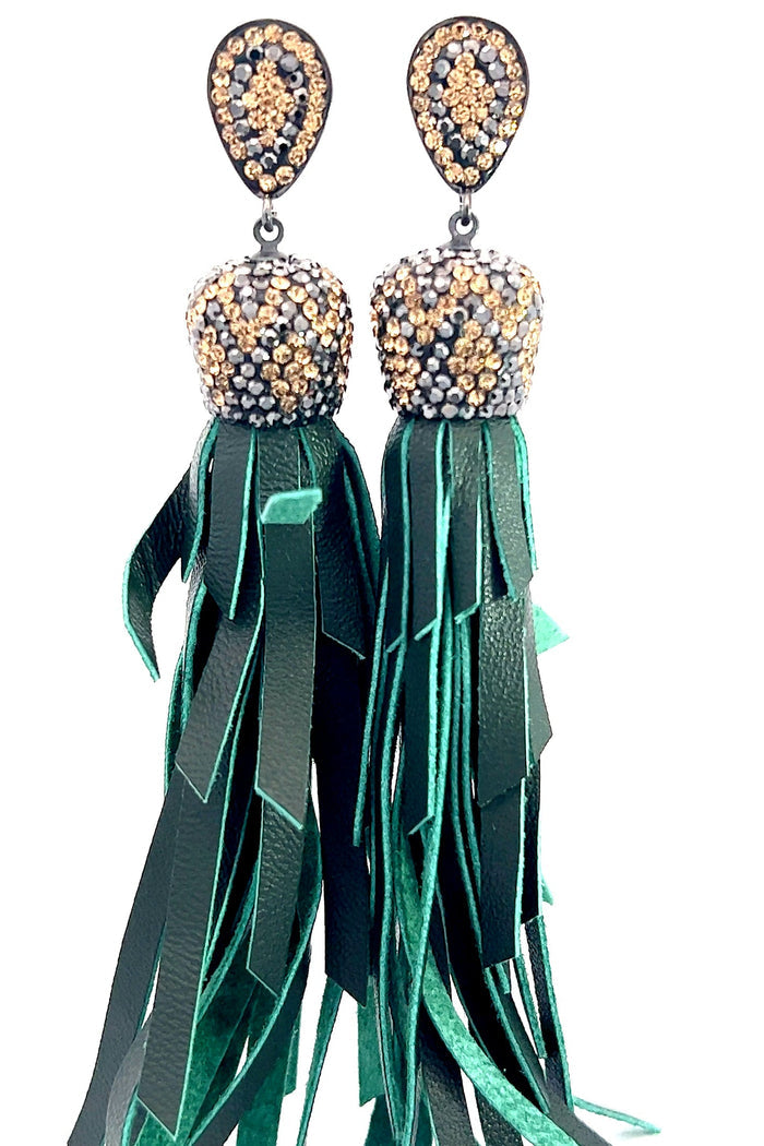 Style the Gold & Silver Crystal Green Leather Tassel Earring exclusively at Born To Glam