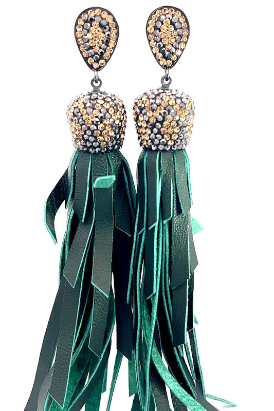 Style the Gold & Silver Crystal Green Leather Tassel Earring exclusively at Born To Glam