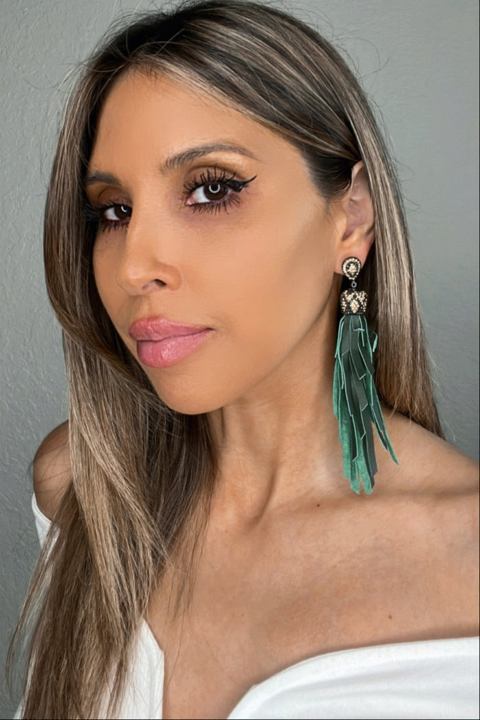 Style the Gold & Silver Crystal Green Leather Tassel Earring exclusively at Born To Glam