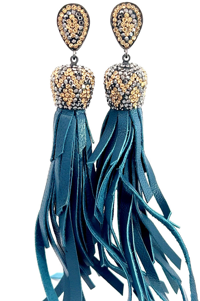 Style the Gold & Silver Crystal Teal Leather Tassel Earring exclusively at Born To Glam