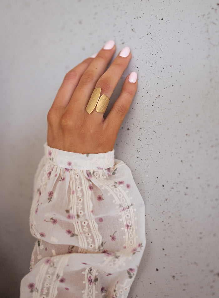 Golden Alouma adjustable bypass ring worn