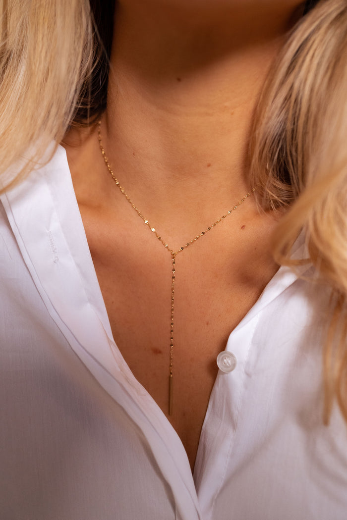 Golden Judy lariat drop necklace worn