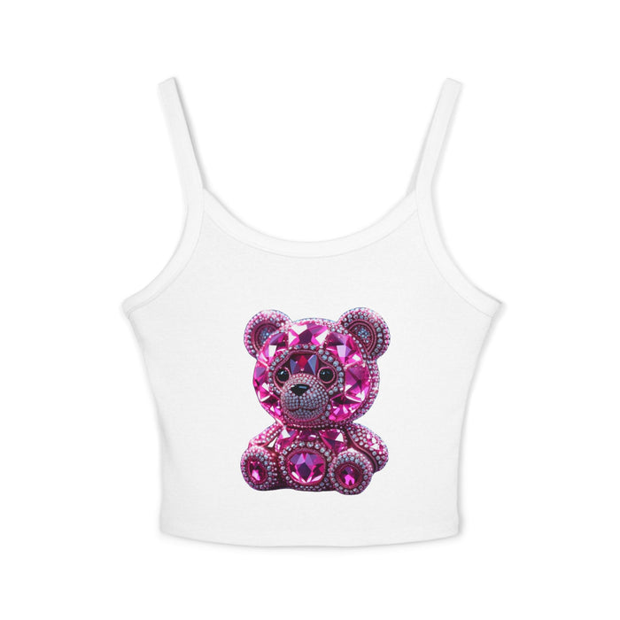 White tank top with a pink teddy bear embellishment on a white background