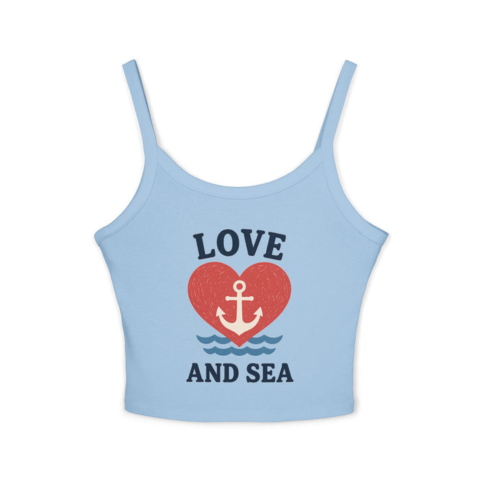Light blue tank top with 'Love and Sea' design on a white background