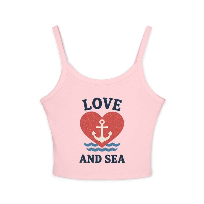 Pink tank top with 'Love and Sea' design on a white background