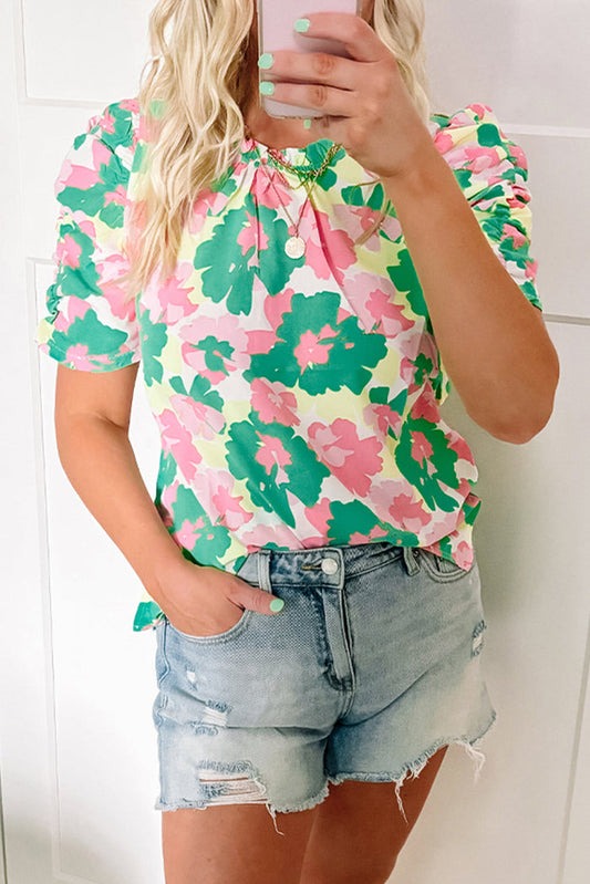 Green Abstract Print Frilly Neck Ruched Short Sleeve Blouse - S / 100% Polyester - Tops/Blouses & Shirts